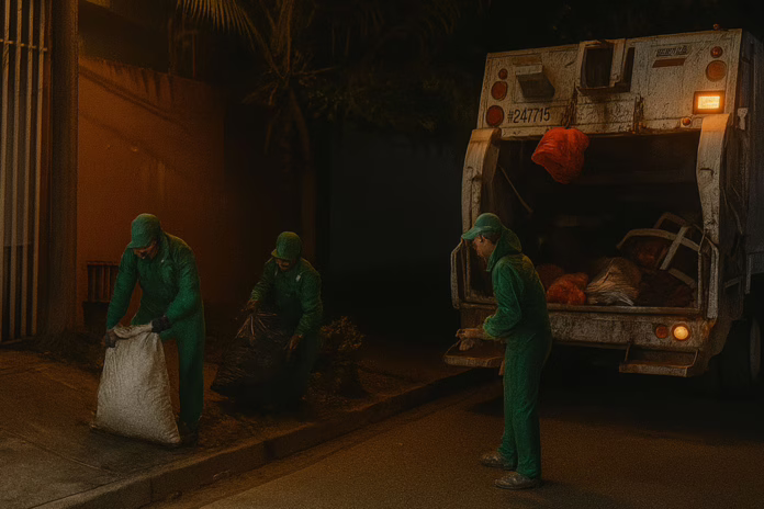 Camión de basura detenido en calle oscura de Neiva tras ataque con cuchillos a operarios